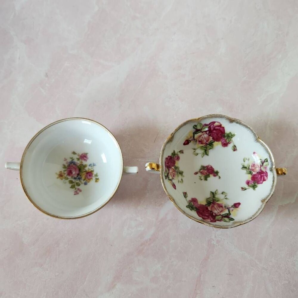 Cup set of two vintage gold castle Japanese floral delicate tea party brunch ser